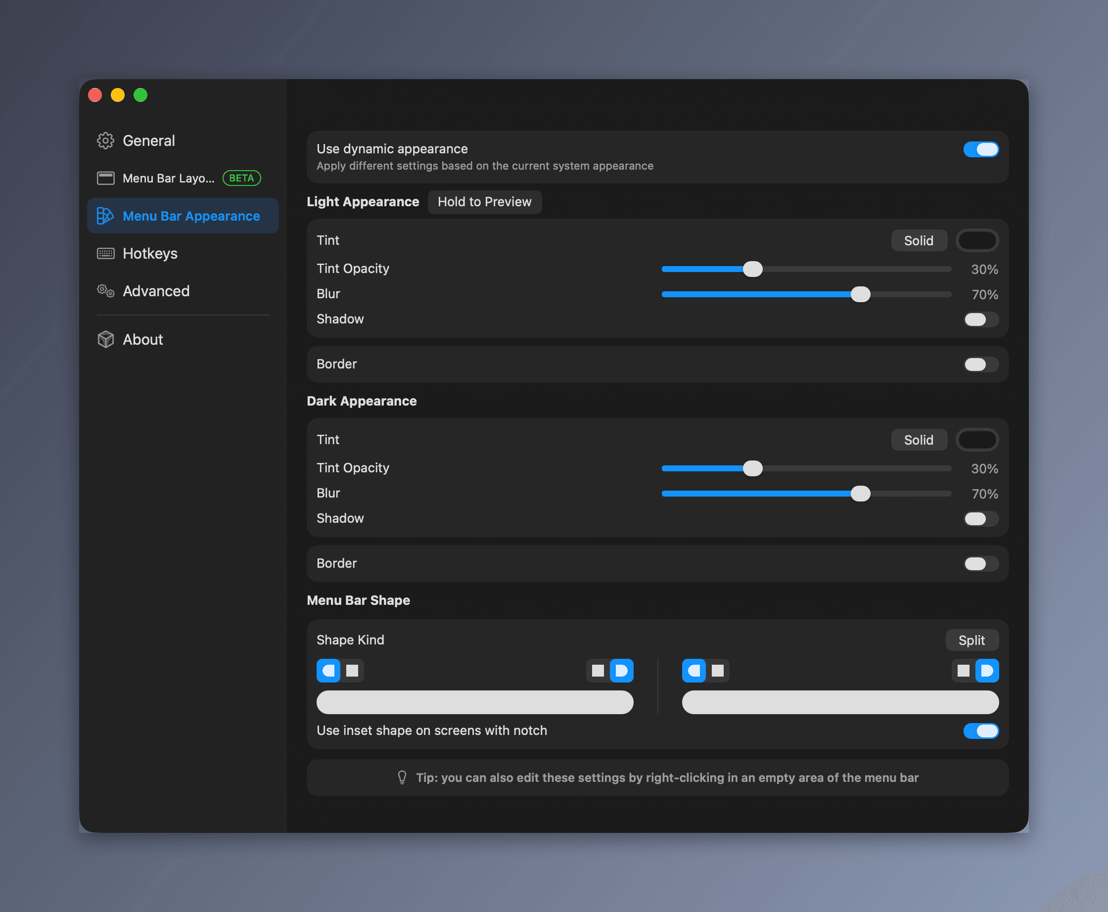 Menu bar appearance — tint, shadow and shape
