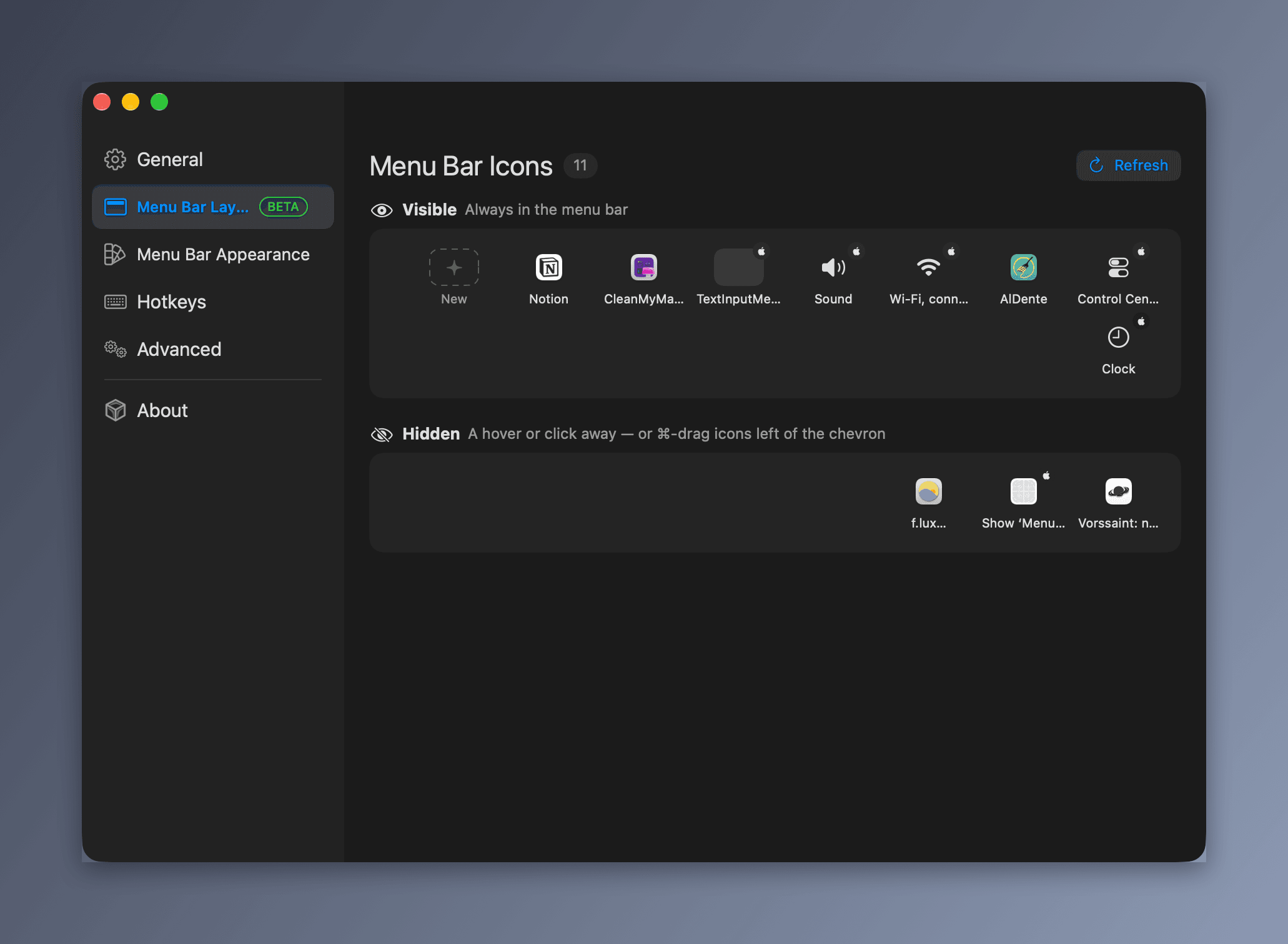 Menu bar layout editor — drag and drop icons