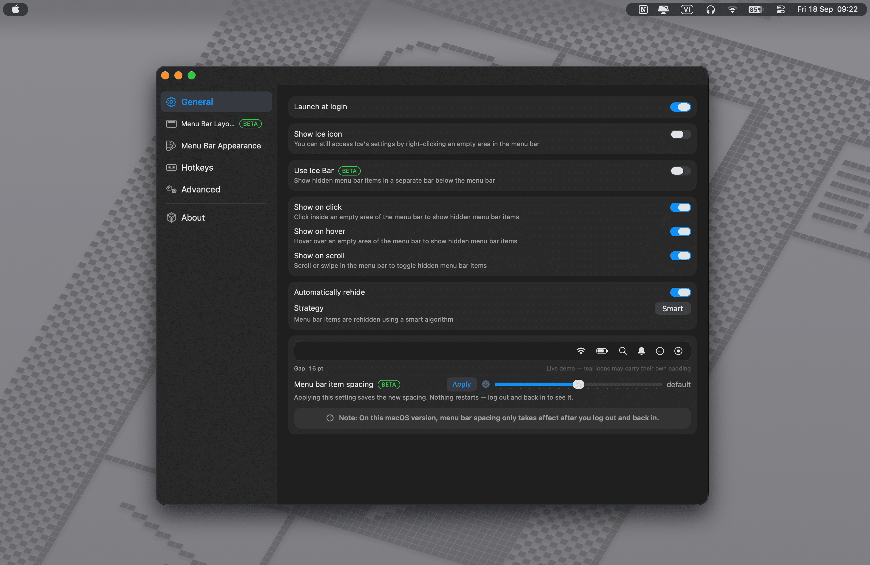 Ice settings — fullscreen preferences window